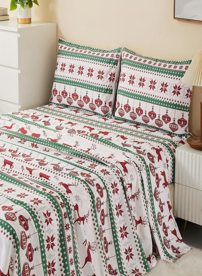 Vaulia Soft Microfiber Sheets, Print Christmas Holidays Pattern, 4-Piece Set (1 Fitted Sheet 1 Flat Sheet 2 Pillowcases), Green and Red Color Reindeer, King Size - Image 1