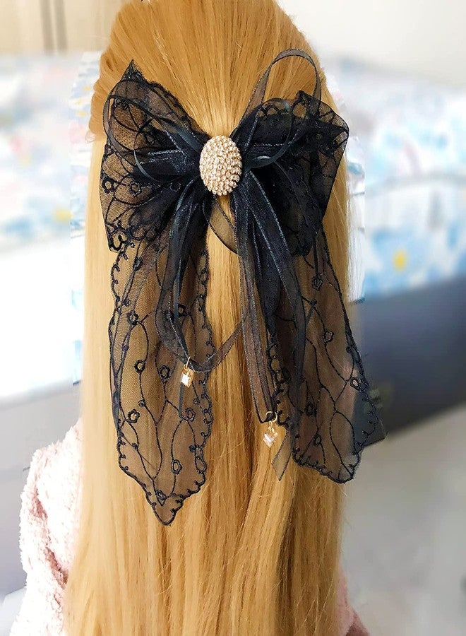 VSAKSH Bow Decor Hair Clips Large Lace With Ribbon Bowknot Hair Slides Metal French Barrette Hairpin Handmade Cute Hair Accessories For Girls & Women (White, Off White & Black) - Image 1