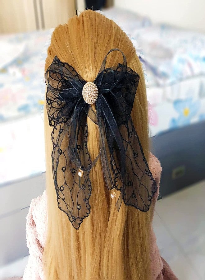 VSAKSH Bow Decor Hair Clips Large Lace With Ribbon Bowknot Hair Slides Metal French Barrette Hairpin Handmade Cute Hair Accessories For Girls & Women (White, Off White & Black) - Image 3