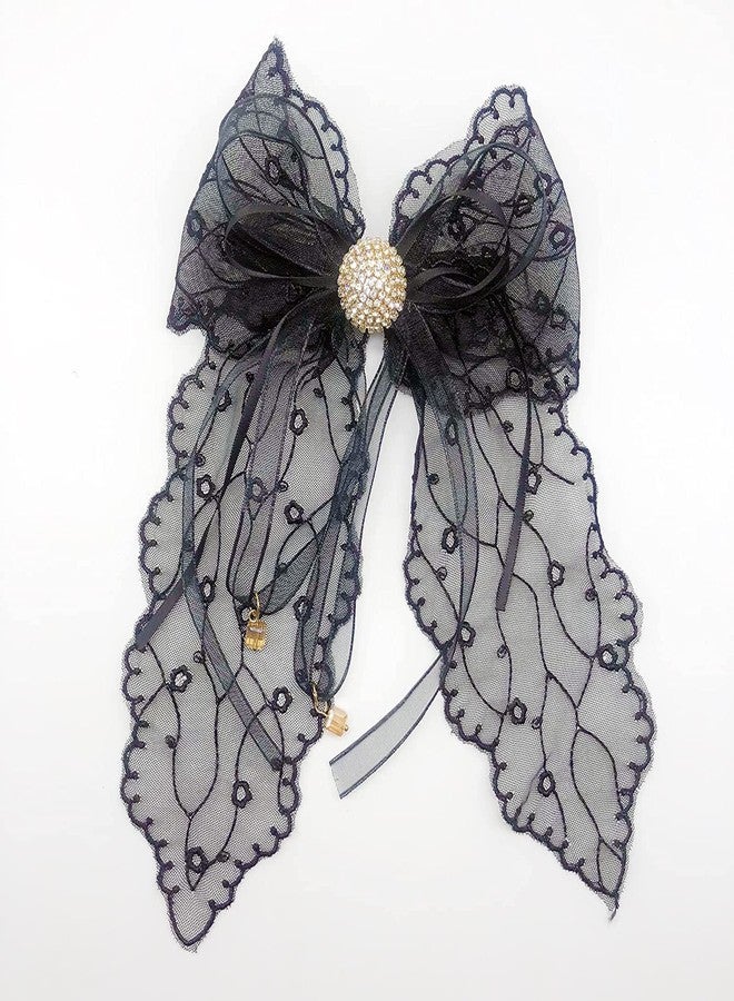 VSAKSH Bow Decor Hair Clips Large Lace With Ribbon Bowknot Hair Slides Metal French Barrette Hairpin Handmade Cute Hair Accessories For Girls & Women (White, Off White & Black) - Image 5
