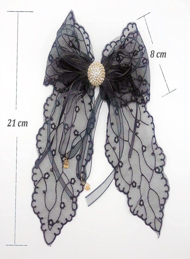 VSAKSH Bow Decor Hair Clips Large Lace With Ribbon Bowknot Hair Slides Metal French Barrette Hairpin Handmade Cute Hair Accessories For Girls & Women (White, Off White & Black) - Image 4