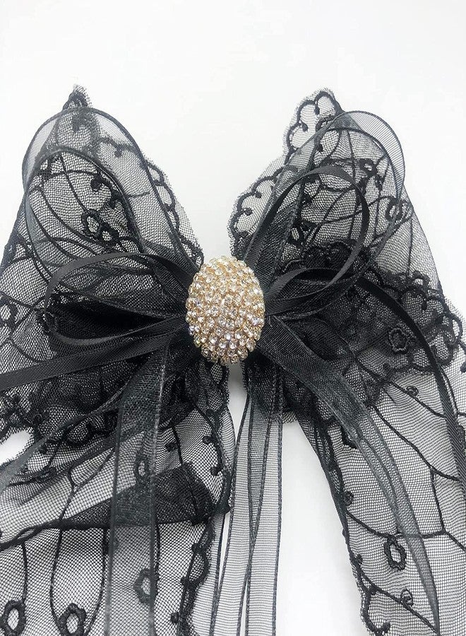 VSAKSH Bow Decor Hair Clips Large Lace With Ribbon Bowknot Hair Slides Metal French Barrette Hairpin Handmade Cute Hair Accessories For Girls & Women (White, Off White & Black) - Image 2