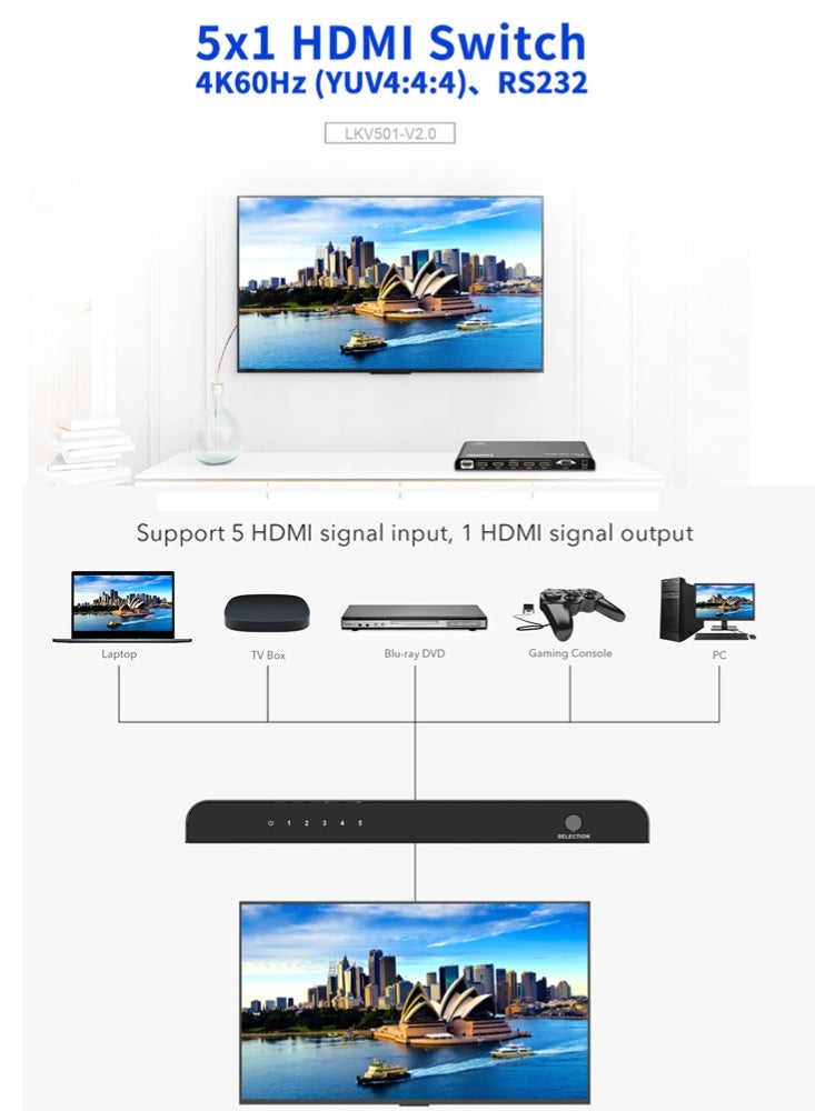 لينكينج مفتاح HDMI خمس مداخل إلى مخرج واحد بدقة 4K بسرعة 60 هرتز موديل LKV501-V2.0 - Image 5