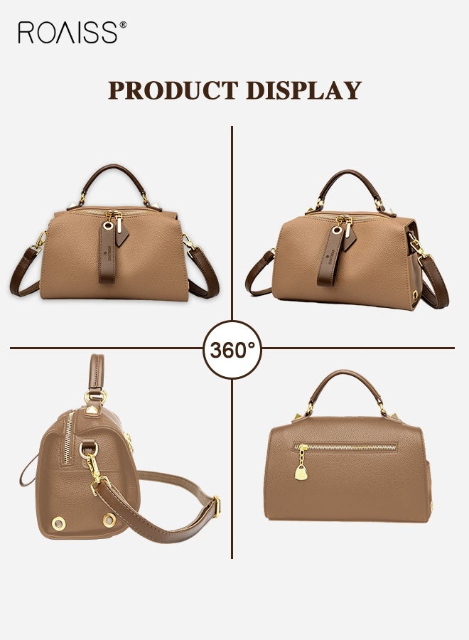 roaiss Women's New Fashion Bags Soft Leather Simple Classic Crossbody Bag Double Layer Compartment Zippers Closure Handbag Boston Bag  - Image 5