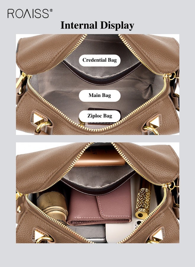 roaiss Women's New Fashion Bags Soft Leather Simple Classic Crossbody Bag Double Layer Compartment Zippers Closure Handbag Boston Bag  - Image 4