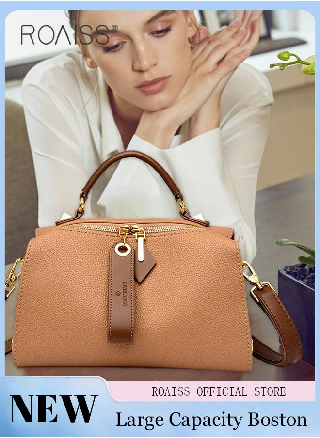 roaiss - Women's New Fashion Bags Soft Leather Simple Classic Crossbody Bag Double Layer Compartment Zippers Closure Handbag Boston Bag - Image 1