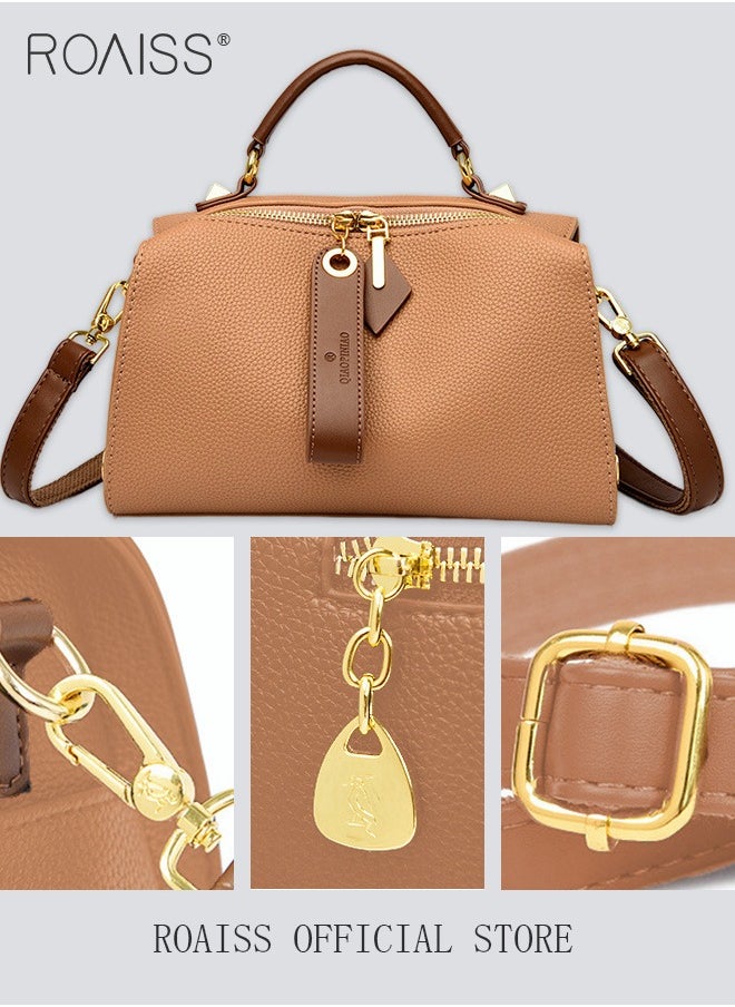 roaiss - Women's New Fashion Bags Soft Leather Simple Classic Crossbody Bag Double Layer Compartment Zippers Closure Handbag Boston Bag - Image 1