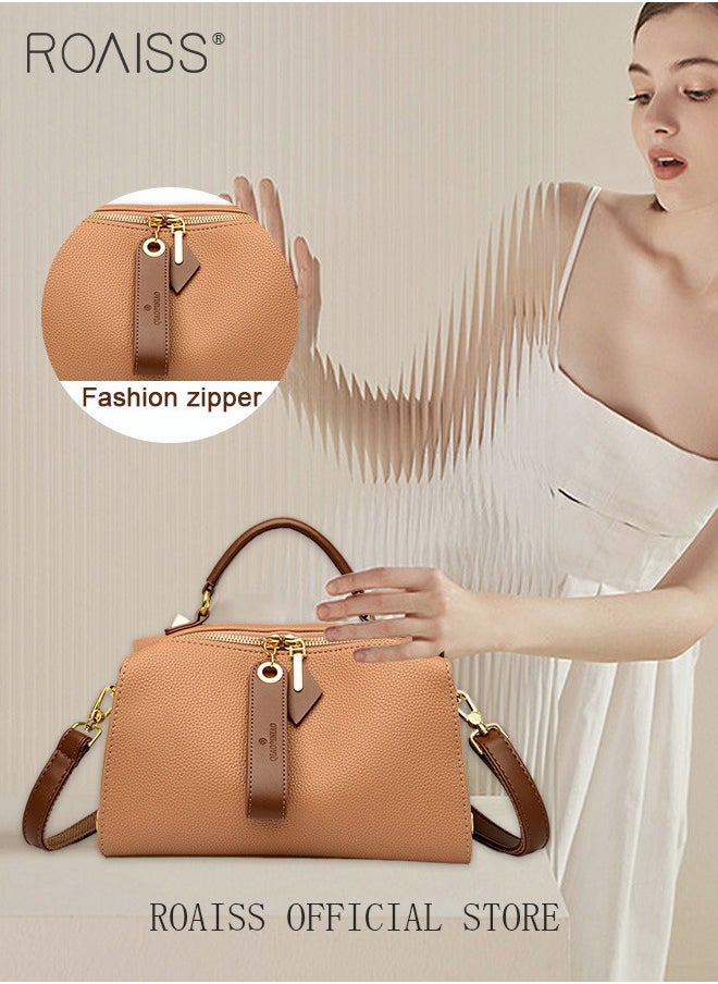 roaiss - Women's New Fashion Bags Soft Leather Simple Classic Crossbody Bag Double Layer Compartment Zippers Closure Handbag Boston Bag - Image 1