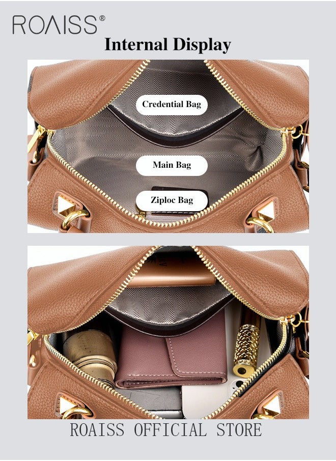 roaiss - Women's New Fashion Bags Soft Leather Simple Classic Crossbody Bag Double Layer Compartment Zippers Closure Handbag Boston Bag - Image 1