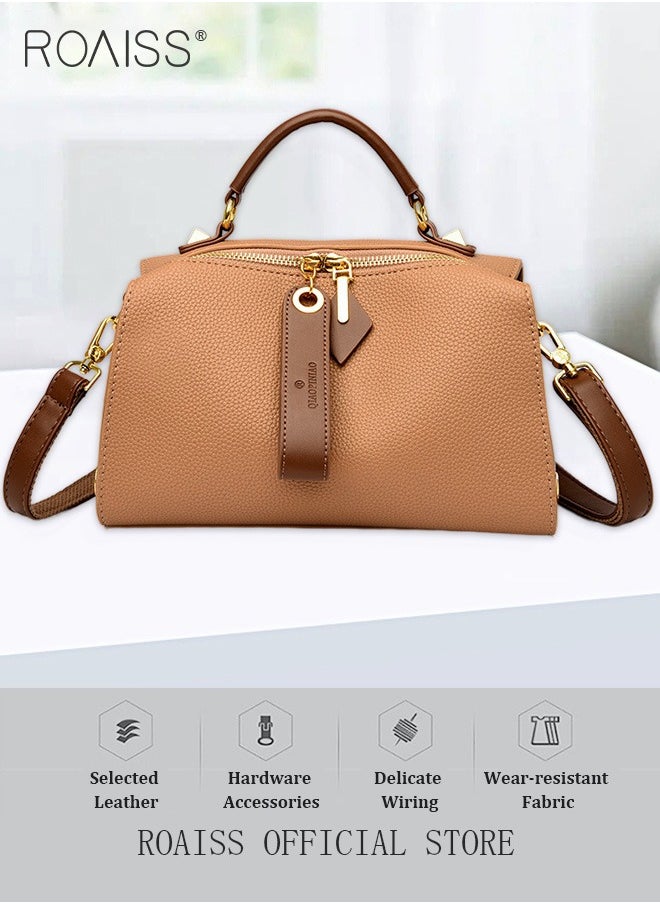 roaiss - Women's New Fashion Bags Soft Leather Simple Classic Crossbody Bag Double Layer Compartment Zippers Closure Handbag Boston Bag - Image 1