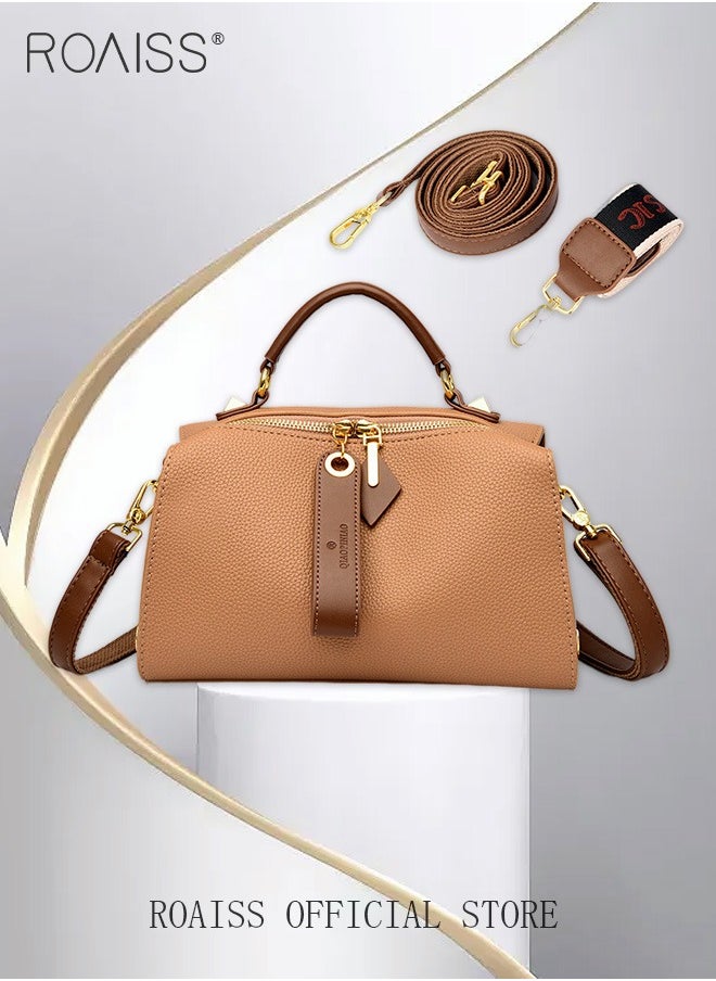 roaiss - Women's New Fashion Bags Soft Leather Simple Classic Crossbody Bag Double Layer Compartment Zippers Closure Handbag Boston Bag - Image 1