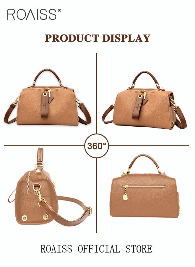 roaiss - Women's New Fashion Bags Soft Leather Simple Classic Crossbody Bag Double Layer Compartment Zippers Closure Handbag Boston Bag - Image 1
