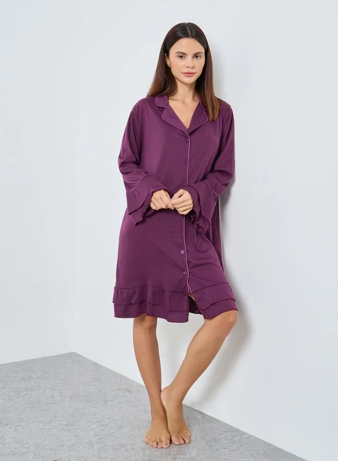 Styli Styli Contrast Piping Ruffle Detail Nightshirt Dress
