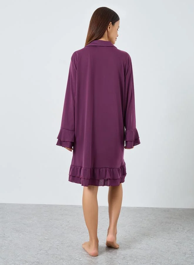 Styli Styli Contrast Piping Ruffle Detail Nightshirt Dress