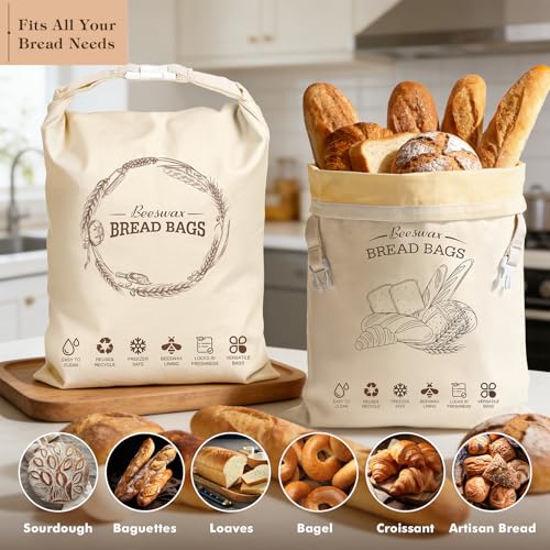 Aofmee Beeswax Bread Bags for Homemade Bread & Sourdough, 2 Pack Reusable Sourdough Bags, XL Natural Cotton Beeswax Bag, Fresh Keeping Extra Large Food Storage Cloth Bag for Gift Giving - Image 4