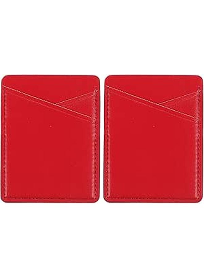 2Pcs Red PU Adhesive Card Holder For Smartphone Back Pocket Wallet Travel Use - Image 1