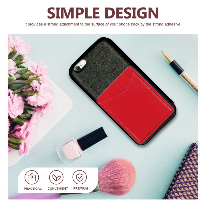 2Pcs Red PU Adhesive Card Holder For Smartphone Back Pocket Wallet Travel Use - Image 4