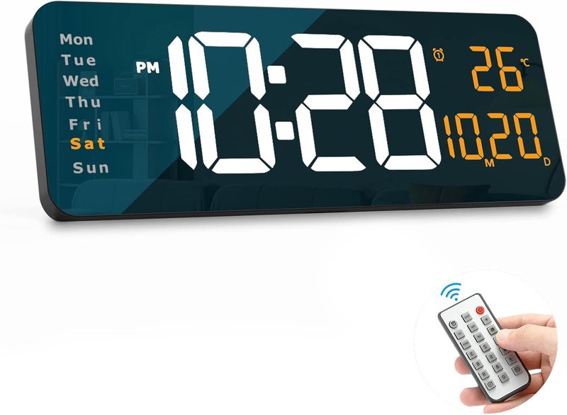 YISILE 16.2 بوصة ساعة حائط رقمية كبيرة مع شاشة LED، جهاز تحكم عن بعد، خافت سطوع تلقائي، ساعة كبيرة مع التاريخ، الأسبوع، درجة الحرارة، برتقالي - Image 1