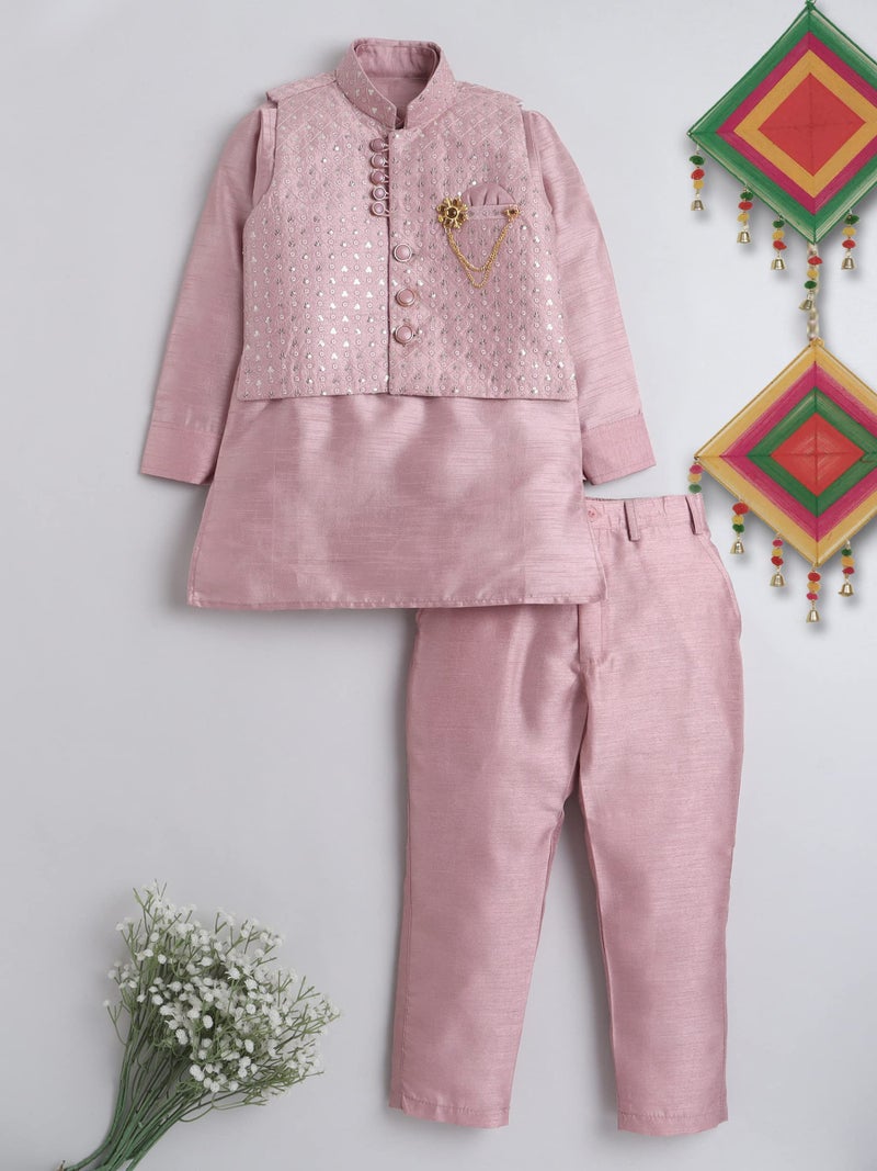 AHHAAAA Kids Ethnic Cotton Silk Blend Solid Nehru Modi Jacket Kurta & Pyjama Set For Boys 8104 (5-6 Years, Pink) - Image 2