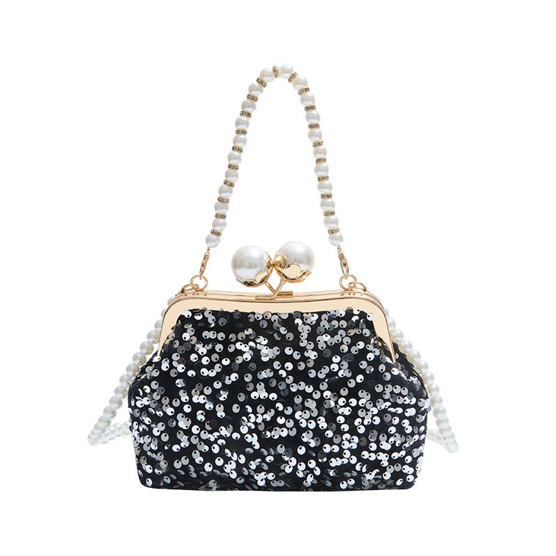 Clip-On Distinctive Fashionable Beaded Bag Women'S Shiny Pearl Chain Portable Crossbody Bag Western-Style Textured Evening Bag - Image 1
