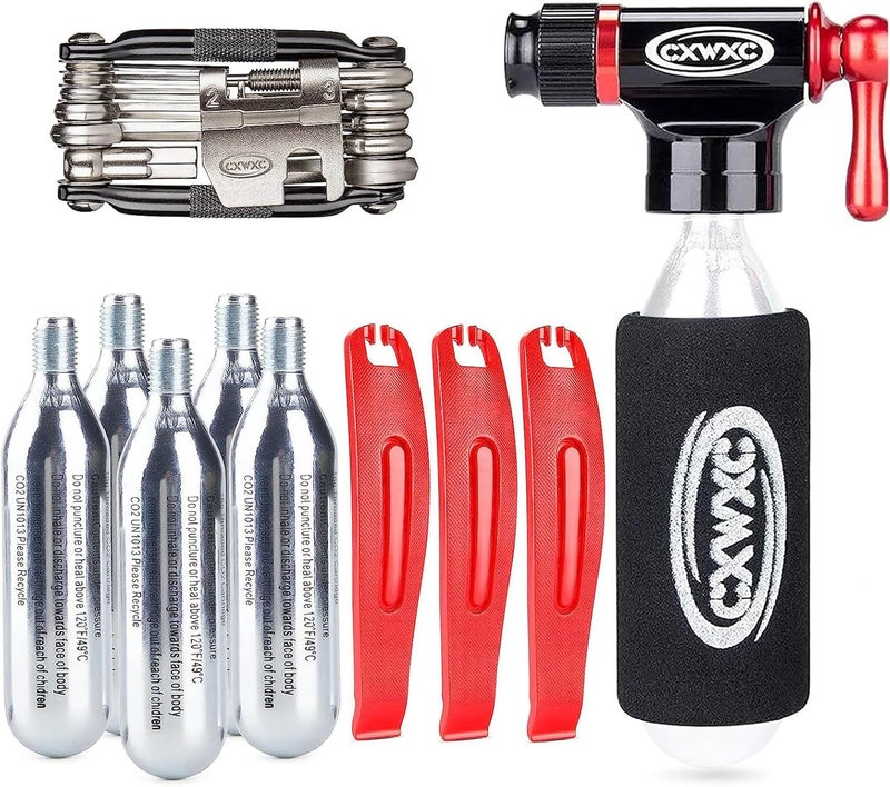 Kadacha CO2 Inflator Kit with 5 X 16g CO2 Threaded Cartridges- Presta & Schrader Valve Compatible -Portable CO2 Bike Tire Pump Come with Glueles Repair Kit for Road & Mountain Bike - Image 1