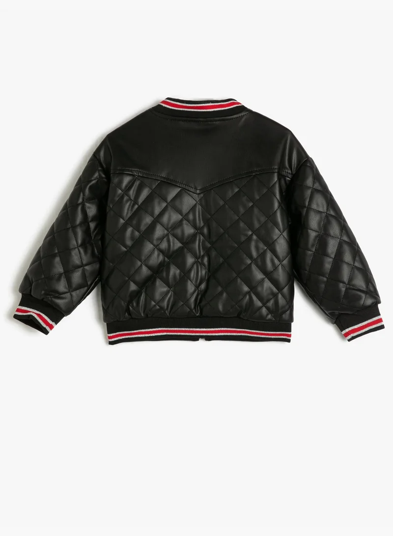 كوتون Bomber Jacket Faux Leather Quilted Pocket Detail