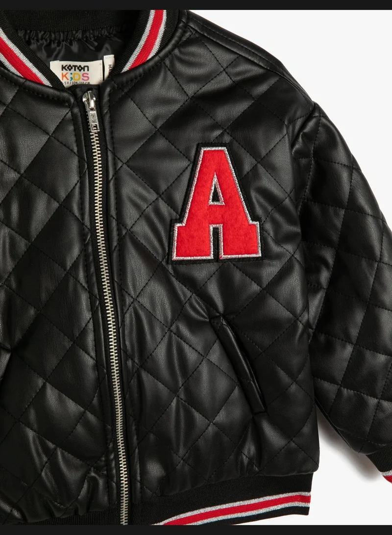 كوتون Bomber Jacket Faux Leather Quilted Pocket Detail