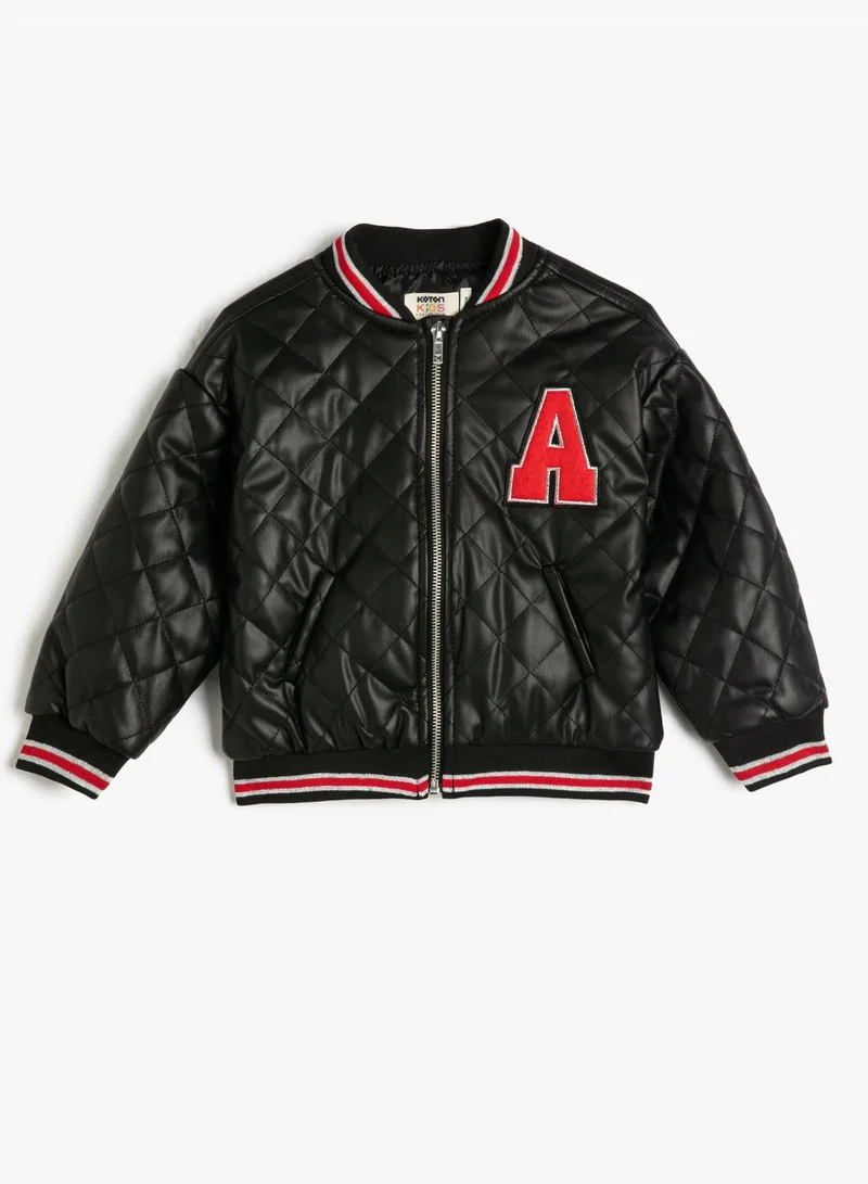 كوتون Bomber Jacket Faux Leather Quilted Pocket Detail