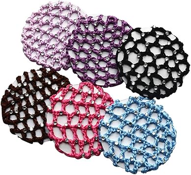 Quupy 6PCS Crochet Bun Cover Snood Hair Net Rhinestone Decor Colorful Knit Mesh Fabric Bun Holders for Women Girls Ballet Dance Skating Office Pro Random Color Delivery - Image 1