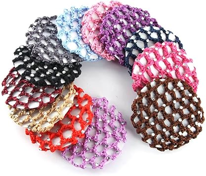 Quupy 6PCS Crochet Bun Cover Snood Hair Net Rhinestone Decor Colorful Knit Mesh Fabric Bun Holders for Women Girls Ballet Dance Skating Office Pro Random Color Delivery - Image 5
