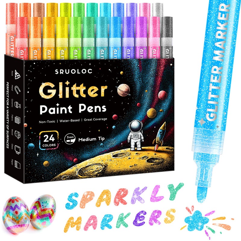 SRUOLOC Glitter Paint Pens, 24 Colors Glitter Markers Set Acrylic Sparkle Markers Teen Art Supplies for Scrapbooking, Cards, DIY Crafts, Adults Coloring, Medium Tip 3mm - Image 1