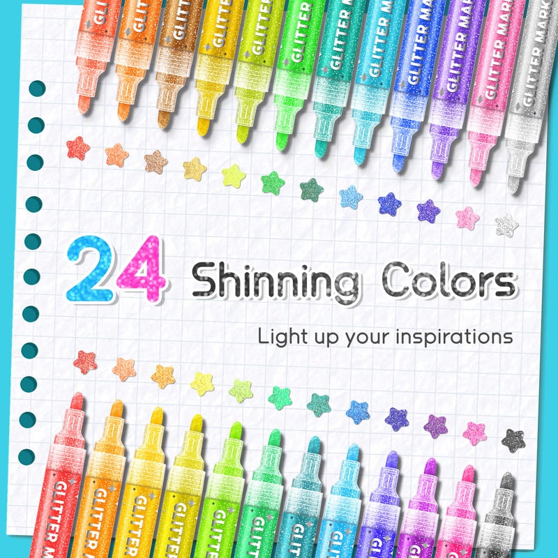SRUOLOC Glitter Paint Pens, 24 Colors Glitter Markers Set Acrylic Sparkle Markers Teen Art Supplies for Scrapbooking, Cards, DIY Crafts, Adults Coloring, Medium Tip 3mm - Image 2