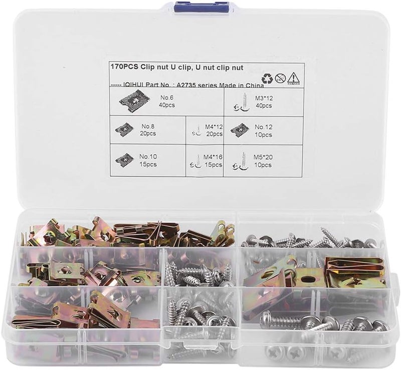 klarako Car U Clip, Automotive U Type Nut Screw Clip Metal Body Panel Clip Interior Trim Fasteners with Stainless Steel Screws Assortment Kit for Motorcycle Repair Replacement - Image 1