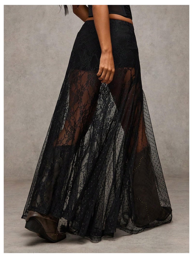 MakeMeChic Women's Lace Sheer Maxi Skirts Floral Polka Dots A Line Ruffle Boho Goth Long Skirts Black Medium - Image 2