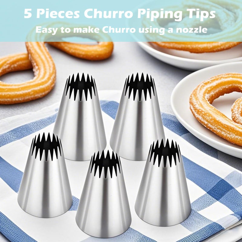 Hendiy 5 Pieces Churro Piping Tips, Stainless Steel 9FT Large Piping Tip Churro Maker Icing Tips, Pastry Tips for Cake Decorating Frosting Tip - Image 2