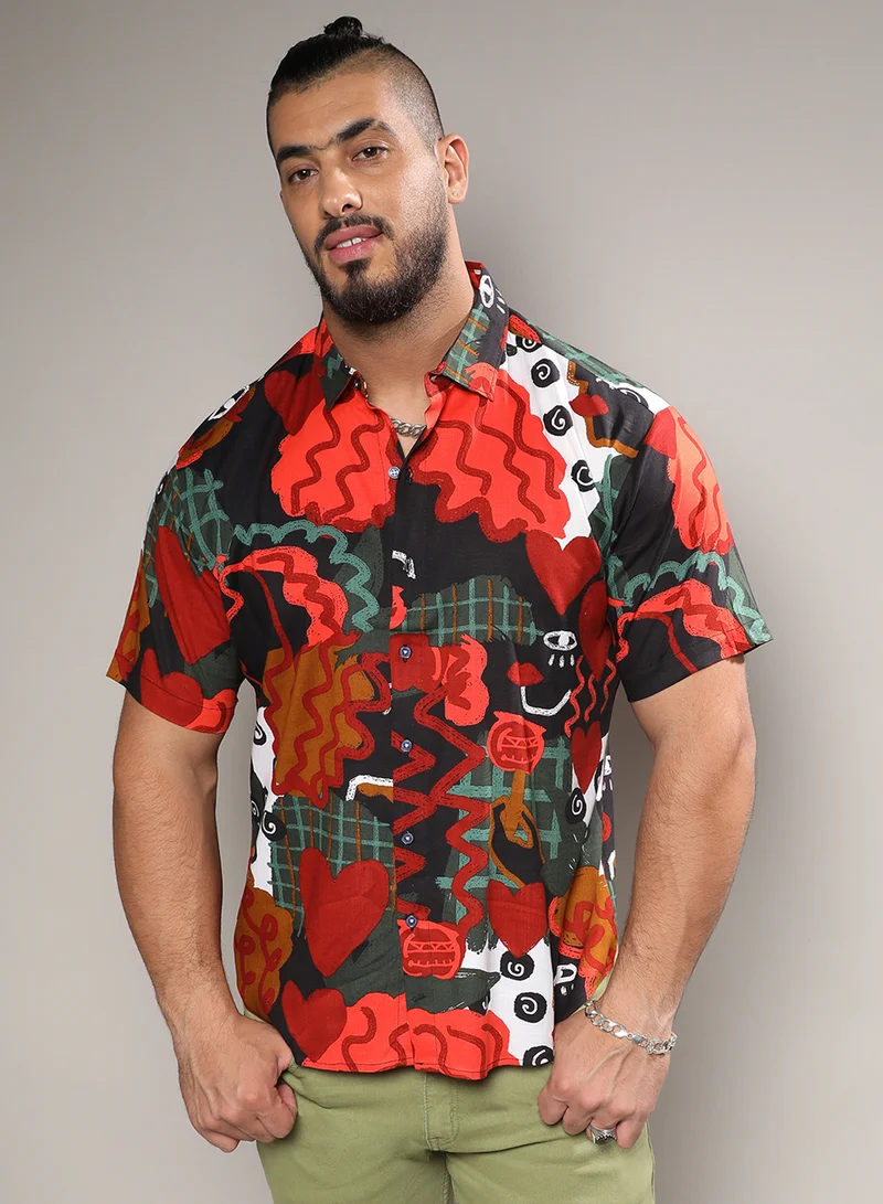Instafab Plus Instafab Plus Men's Red Artistic Romance Shirt For Casual Wear | Spread Collar | Short Sleeve | Button Closure | Rayon Slub Lycra Shirt Crafted With Comfort Fit For Everyday Wear