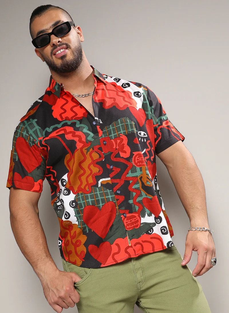 Instafab Plus Instafab Plus Men's Red Artistic Romance Shirt For Casual Wear | Spread Collar | Short Sleeve | Button Closure | Rayon Slub Lycra Shirt Crafted With Comfort Fit For Everyday Wear