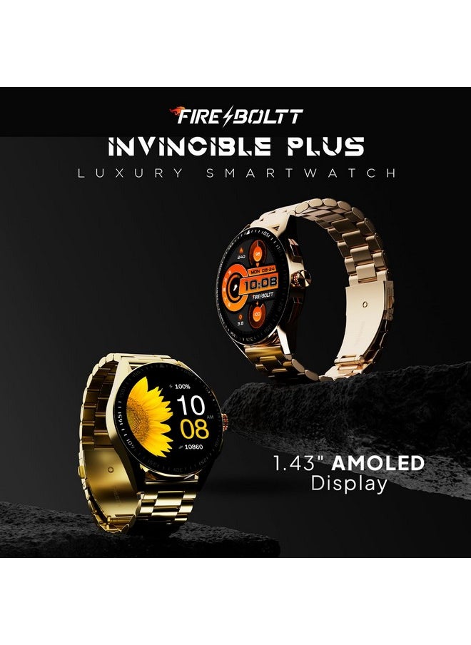 Fire-Boltt - ساعة Fire-Boltt Invincible Plus الذكية بشاشة AMOLED مقاس 1.43 بوصة مع مكالمات بلوتوث واتصال TWS وأكثر من 300 وضع رياضي و110 واجهة ساعة مدمجة ومساحة تخزين 4 جيجابايت ومساعد صوتي AI (ذهبي SS) - Image 1