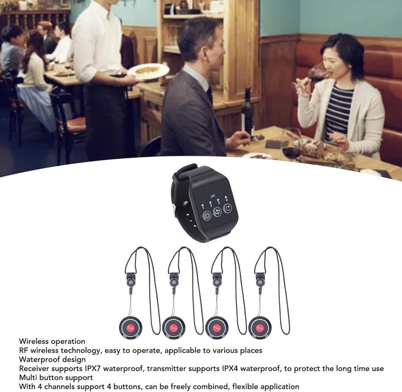Bewinner 1 Watch and 4 Button Pagers for Restaurant, Wireless Nurse Call System Caregiver Pager, Long Range Customer Service for Hospital Hotel Restaurant Pager - Image 5