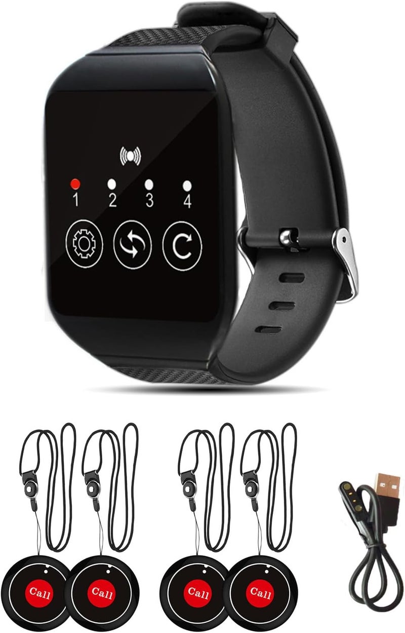 Bewinner 1 Watch and 4 Button Pagers for Restaurant, Wireless Nurse Call System Caregiver Pager, Long Range Customer Service for Hospital Hotel Restaurant Pager - Image 1