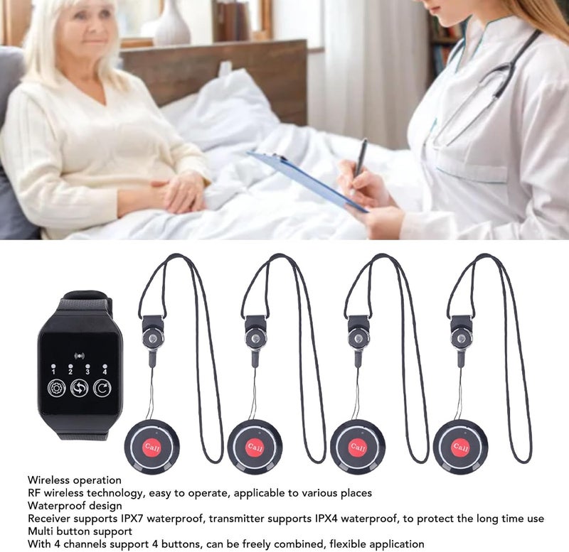 Bewinner 1 Watch and 4 Button Pagers for Restaurant, Wireless Nurse Call System Caregiver Pager, Long Range Customer Service for Hospital Hotel Restaurant Pager - Image 3