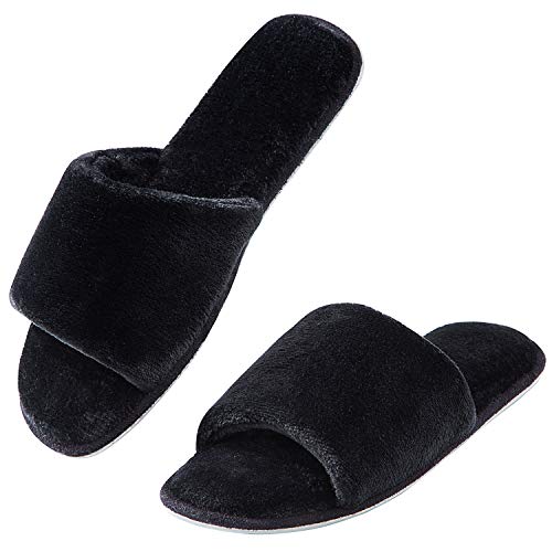DL Open Toe Slippers for women Indoor, Cozy Memory Foam Womens House Slippers Summer Slip On, Comfy Soft Flannel Womens Bedroom Slippers Slide Breathable Size 9-10 Black - Image 1