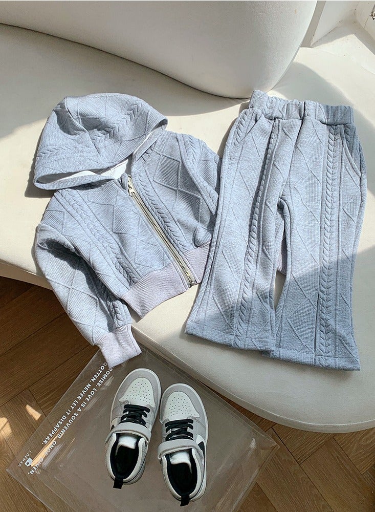 Loquat Girl's Solid Color knitted Long Sleeve Hooded Tops And Split Flared Pants Set Gray 