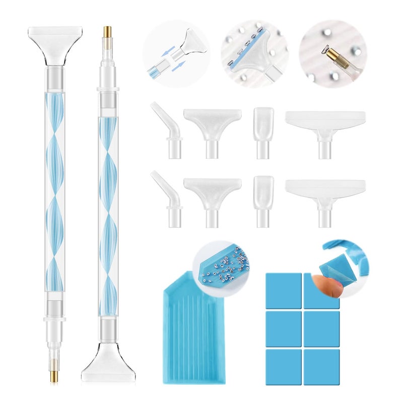 Eudaicful Rhinestone Picker Tool Kit: 2Pcs Rhinestone Picker Handle, Dual-Ended Rhinestones Applicator Dotting Tools Pen with 12 Upgraded Plastic Replacement Tips, Clay for DIY Nail Art Craft (Blue) - Image 1