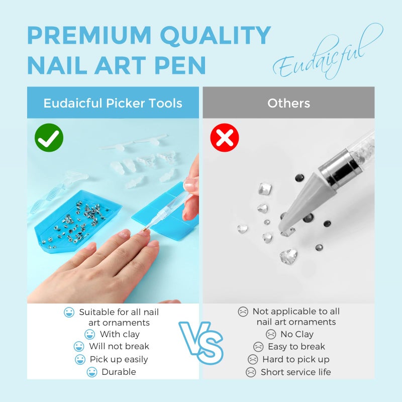 Eudaicful Rhinestone Picker Tool Kit: 2Pcs Rhinestone Picker Handle, Dual-Ended Rhinestones Applicator Dotting Tools Pen with 12 Upgraded Plastic Replacement Tips, Clay for DIY Nail Art Craft (Blue) - Image 3