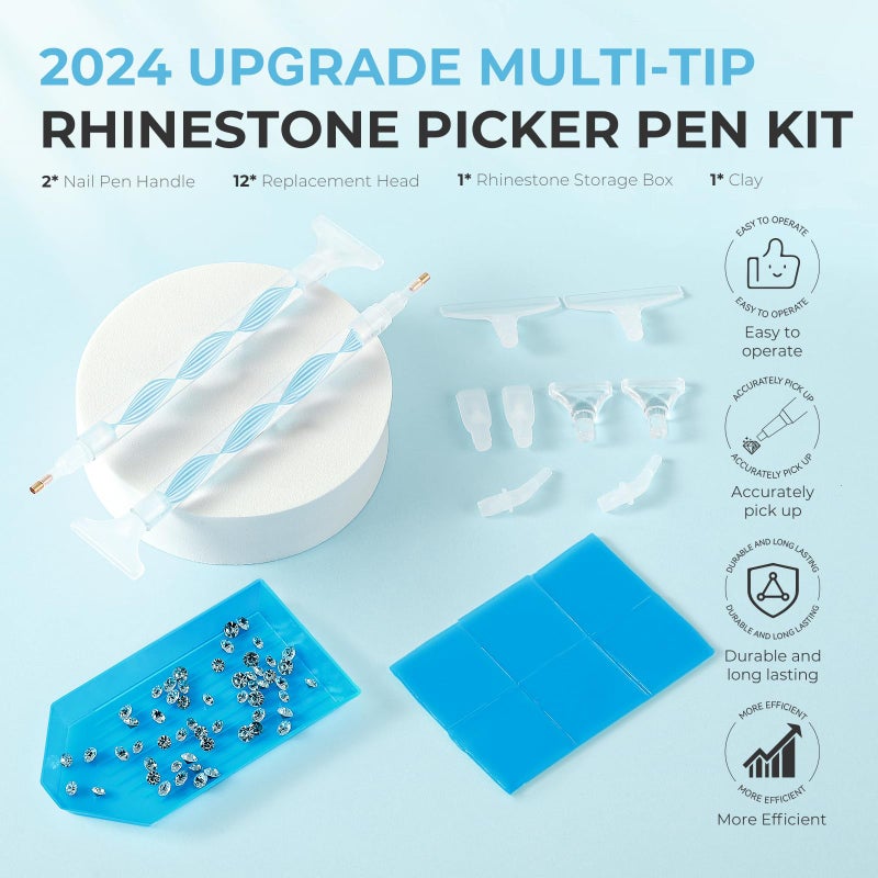 Eudaicful Rhinestone Picker Tool Kit: 2Pcs Rhinestone Picker Handle, Dual-Ended Rhinestones Applicator Dotting Tools Pen with 12 Upgraded Plastic Replacement Tips, Clay for DIY Nail Art Craft (Blue) - Image 2