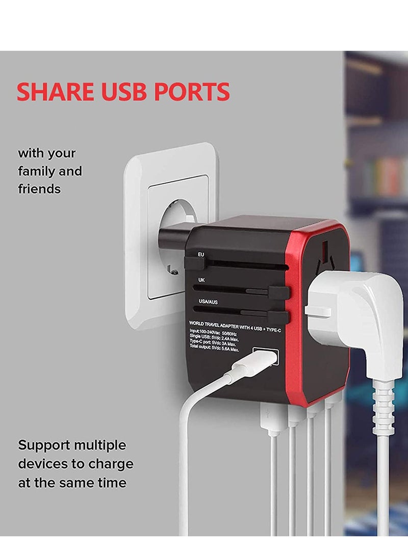 Universal Travel Adapter One International Wall Charger AC Plug Adaptor with 5.6A Smart Power and 3.0A USB Type-C for USA EU UK AUS Red - Image 4