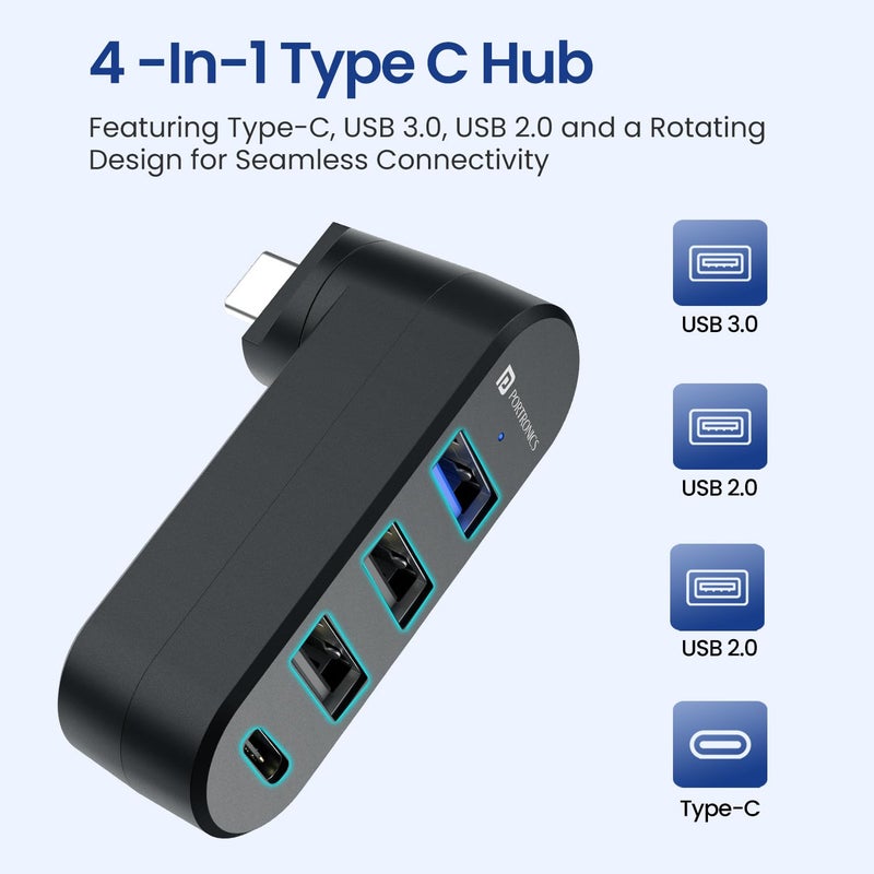 Portronics محور USB دوار Mport Spin C 4 في 1 مع موصل Type-C، USB 3.0، 2X USB 2.0 ومنفذ بيانات Type-C، تصميم دوار بزاوية 180°، نقل بيانات عالي السرعة، توصيل وتشغيل، مدمج وقابل للحمل - Image 2