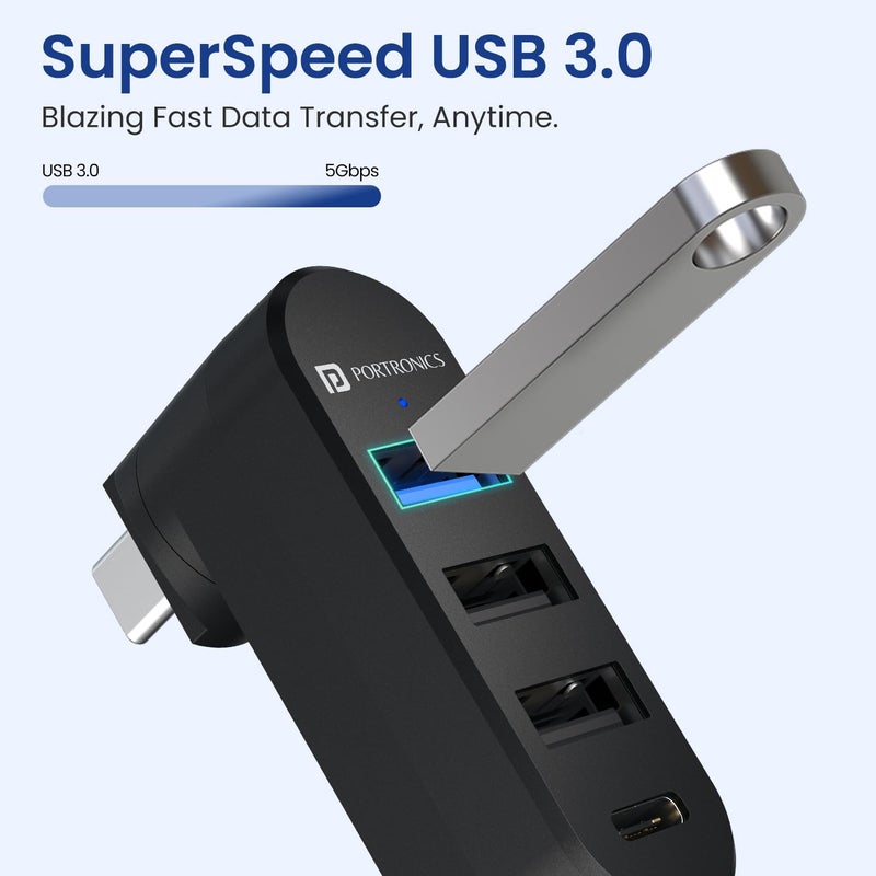 Portronics محور USB دوار Mport Spin C 4 في 1 مع موصل Type-C، USB 3.0، 2X USB 2.0 ومنفذ بيانات Type-C، تصميم دوار بزاوية 180°، نقل بيانات عالي السرعة، توصيل وتشغيل، مدمج وقابل للحمل - Image 4