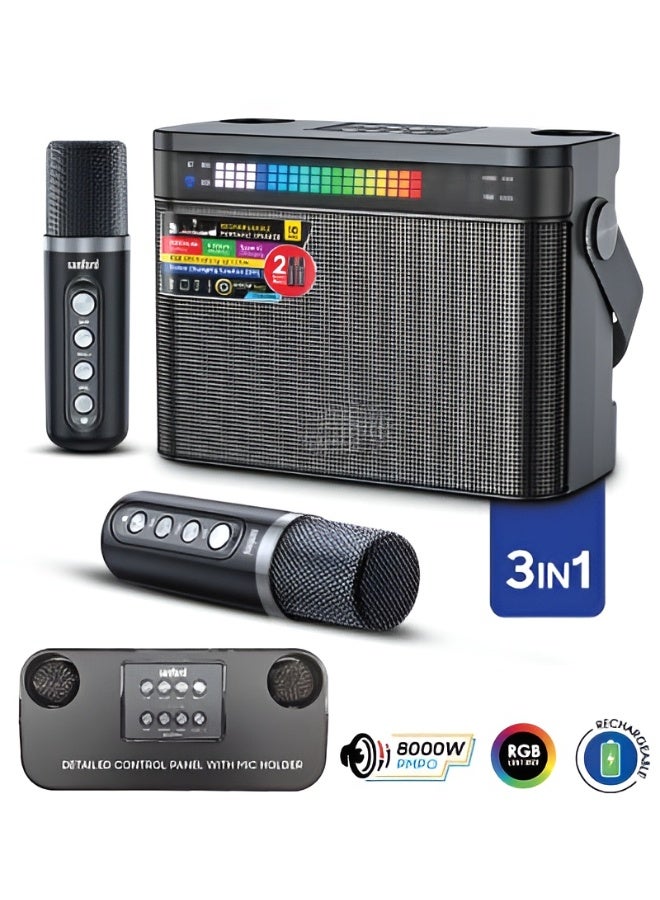 مكبر صوت بلوتوث محمول مع 2 ميكروفون للكاريوكي - قابل للشحن، وقت تشغيل لمدة 6 ساعات، تعزيز الجهير - مثالي للحفلات والتجمعات العائلية والنزهات - Image 2